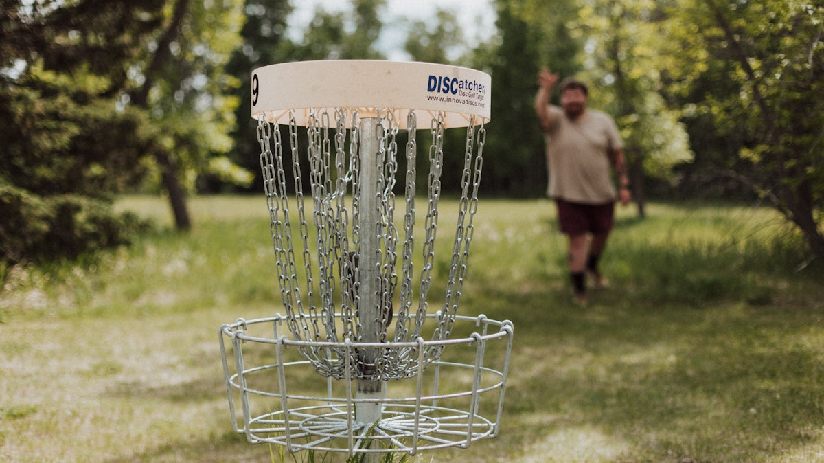 a person throwing a frisbee in a frisbee goal