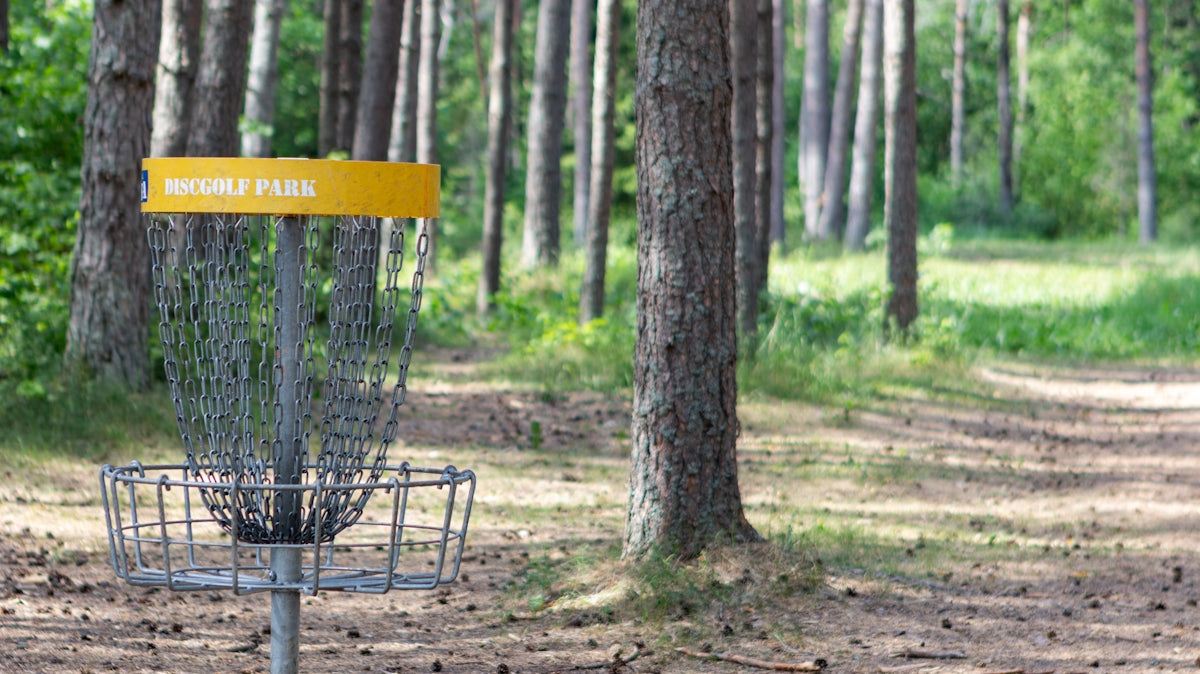 a frisbee golf cage in the middle of a forest