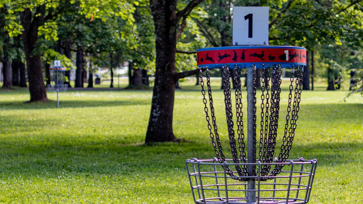 a frisbee golf cage in a park with trees