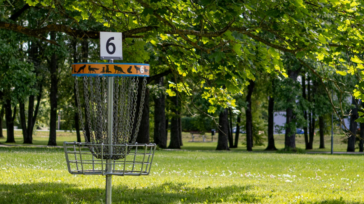 a frisbee golf cage in a park with trees in the background