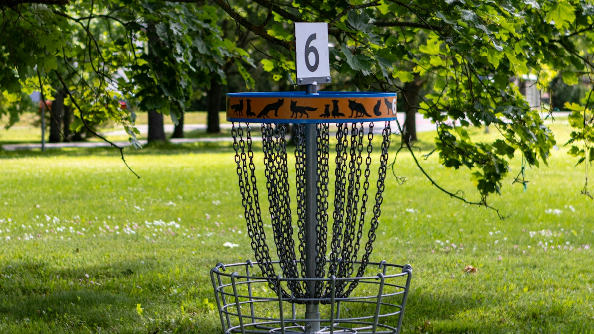 a frisbee golf cage in the middle of a park