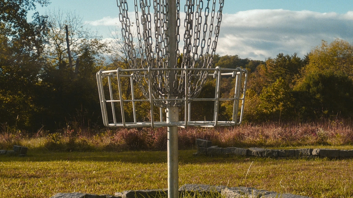 a frisbee golf basket in a grassy field