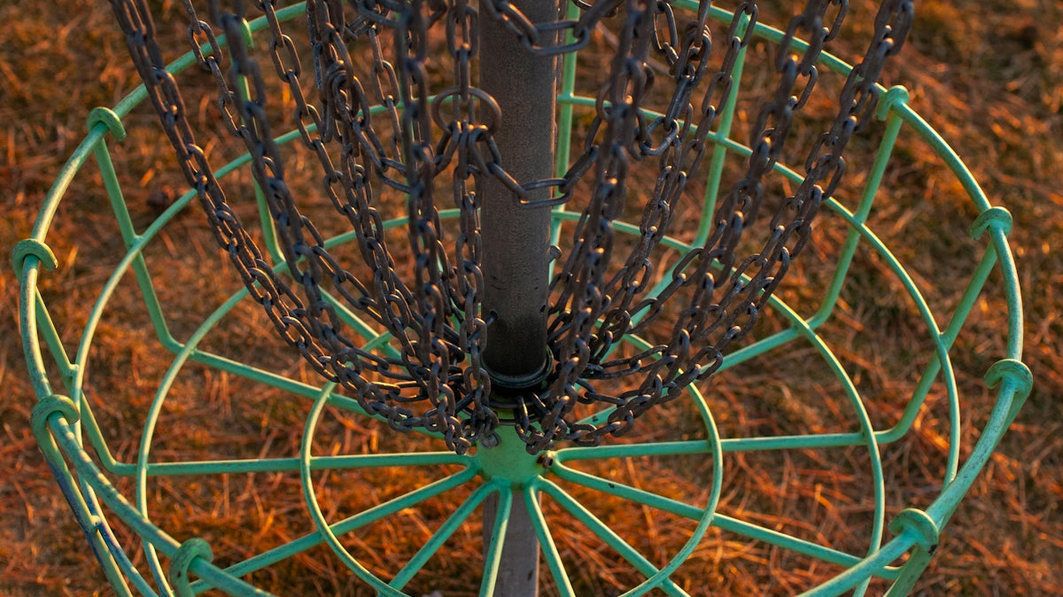 a close up of a frisbee golf cage