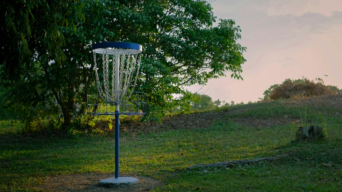 a blue and white frisbee golf goal in a field