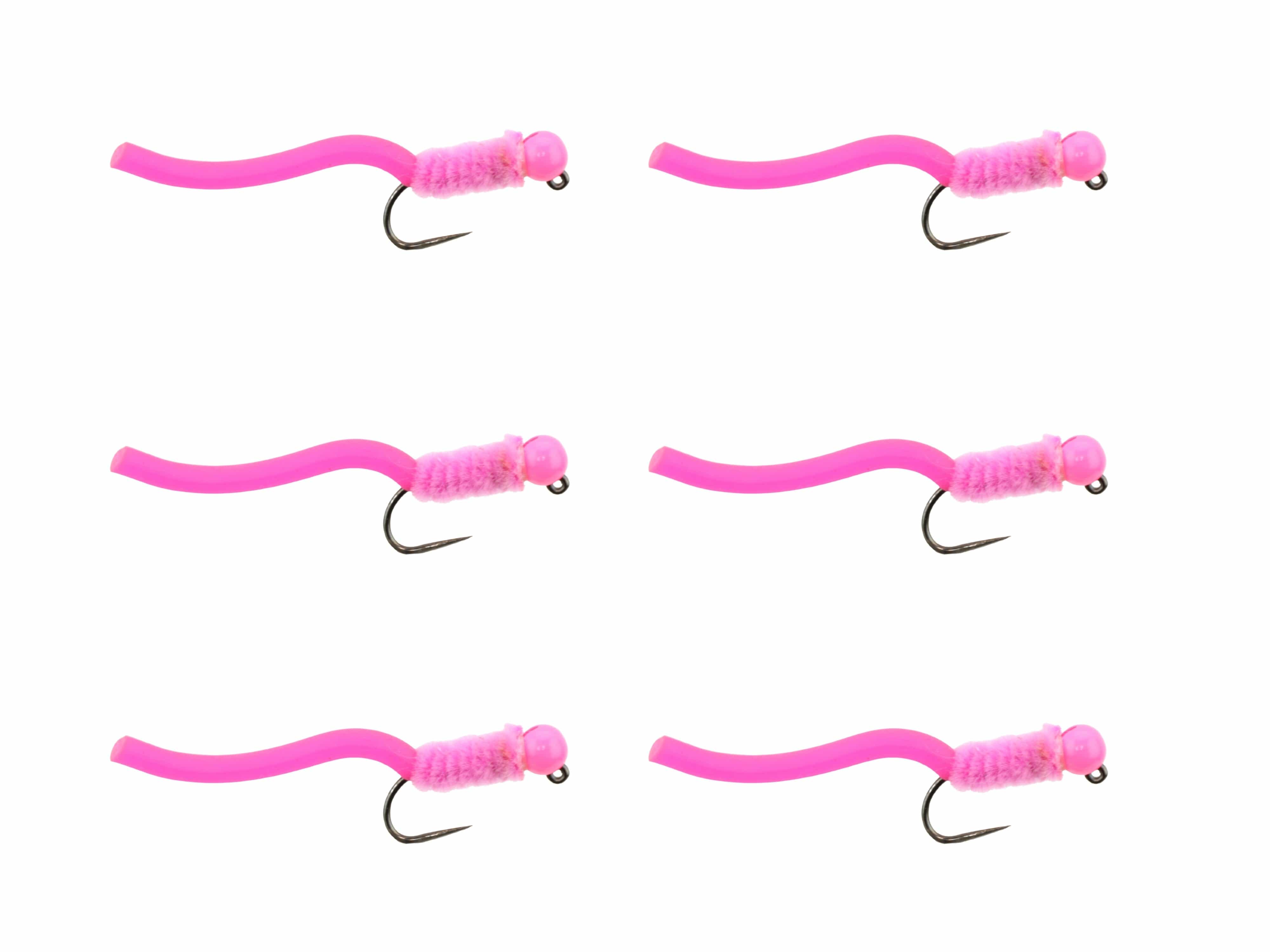 Wild Water Fly Fishing Tungsten Bead Head Pink Squirmy Worm, Size 12, Qty. 6