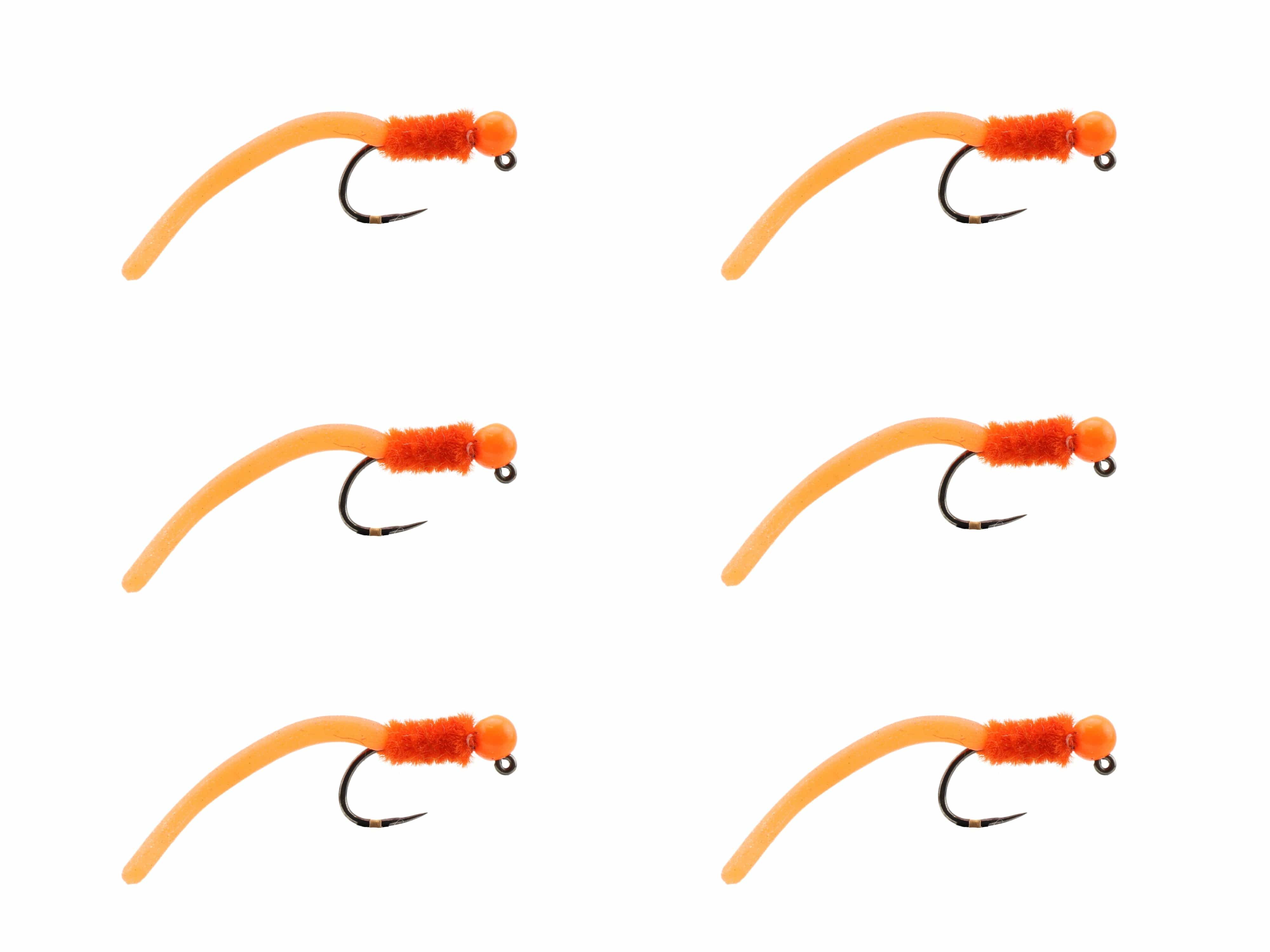 Wild Water Fly Fishing Tungsten Bead Head Orange Squirmy Worm, Size 12, Qty. 6