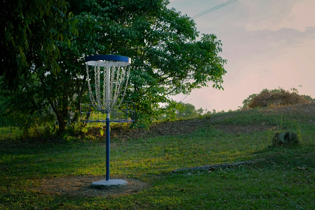 a blue and white frisbee golf goal in a field