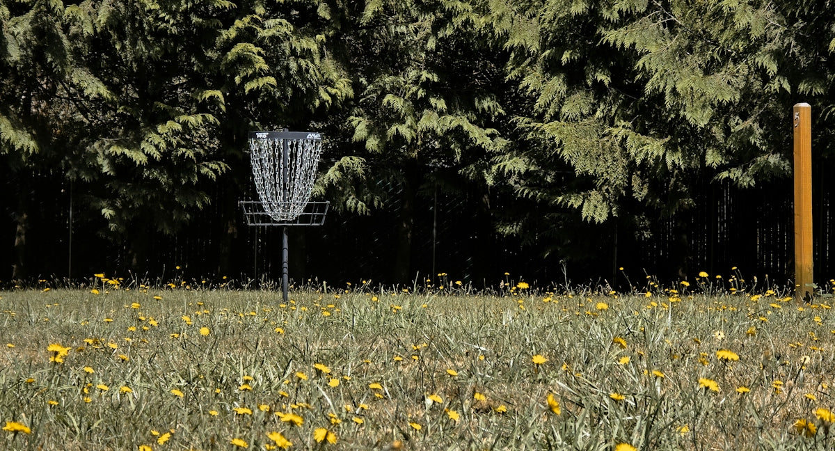 A field with a frisbee and a frisbee golf basket