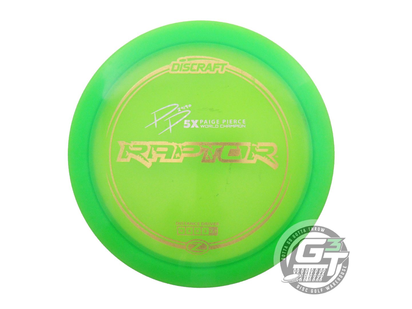 USED Discraft [PIERCE] Z Raptor 176g Lime Gold Glitter Foil Distance Driver Disc