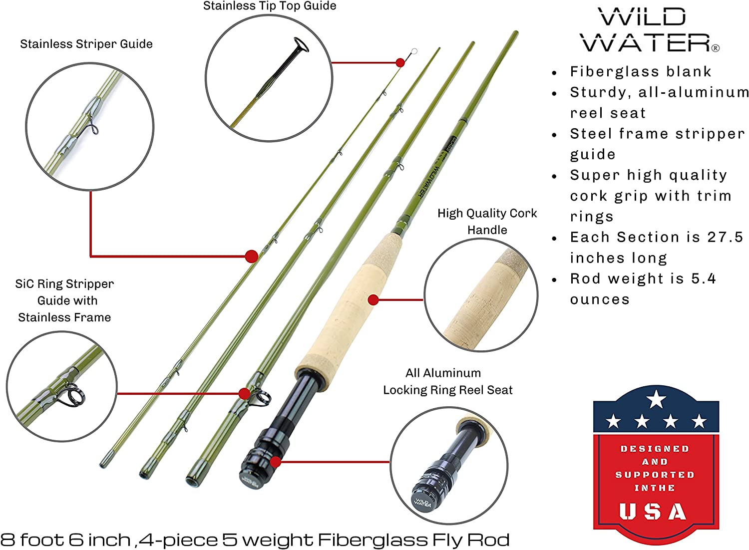 Wild Water Fly Fishing Combo with Fiberglass Rod 8 ft 6 in, 4-Piece, 5 wt