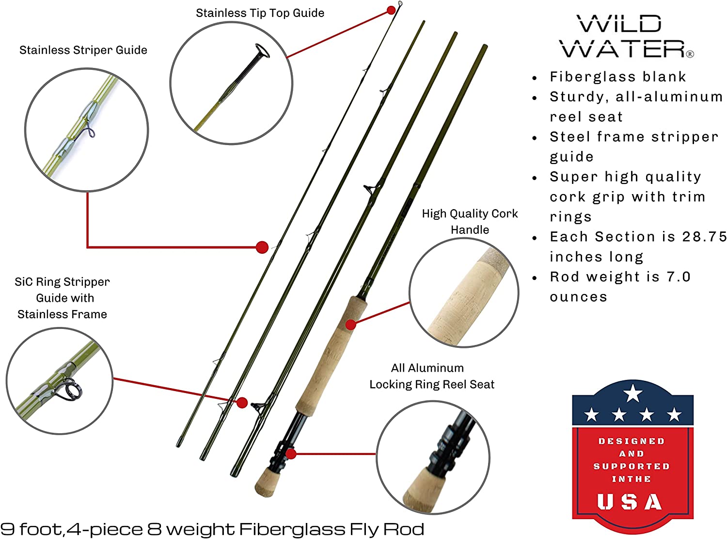 Wild Water Fly Fishing Kit with Fiberglass Rod 9 ft, 4-Piece, 8 wt Rod