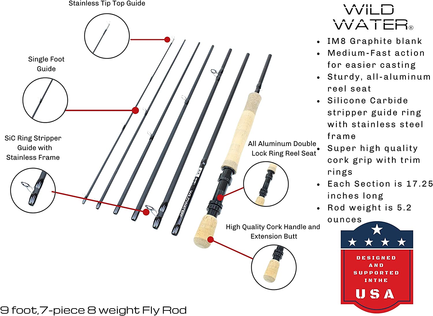 Wild Water Deluxe Saltwater Fly Fishing Kit, 9 ft 8 wt 7 Piece Rod