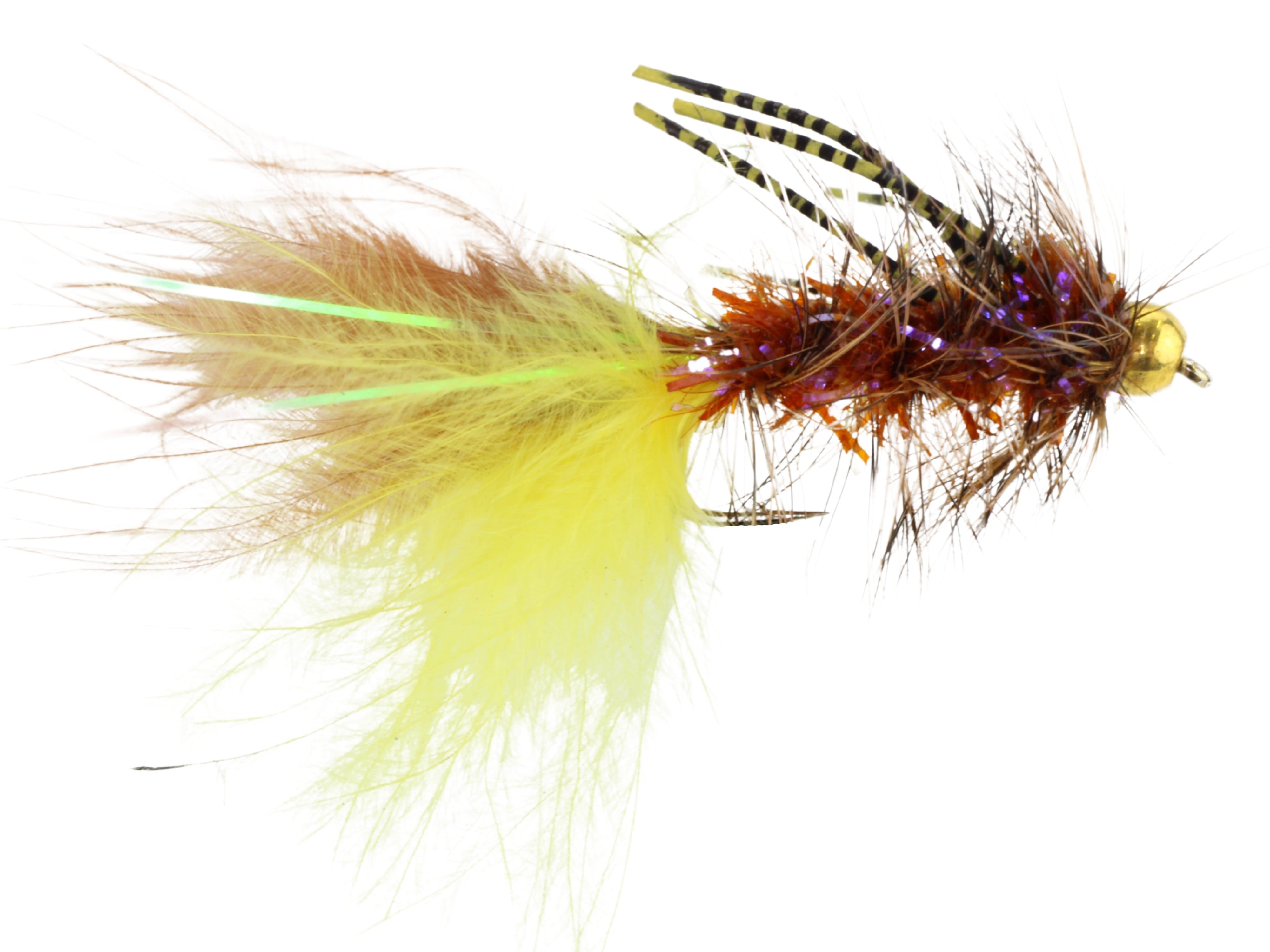 Wild Water Fly Fishing Bead Head Yellow and Brown Rubber Leg Wooly Bugger, size 10, qty. 6