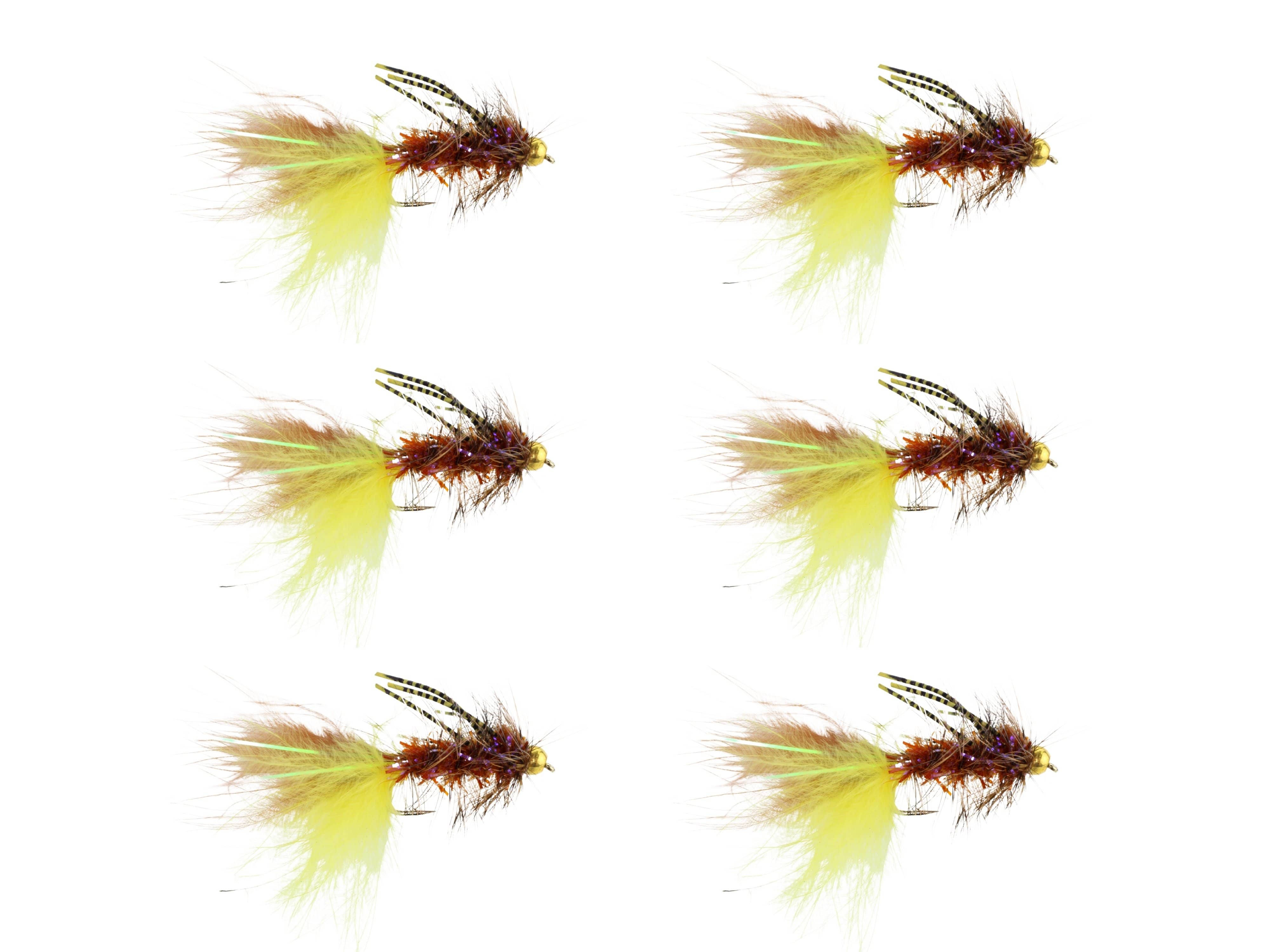 Wild Water Fly Fishing Bead Head Yellow and Brown Rubber Leg Wooly Bugger, size 10, qty. 6
