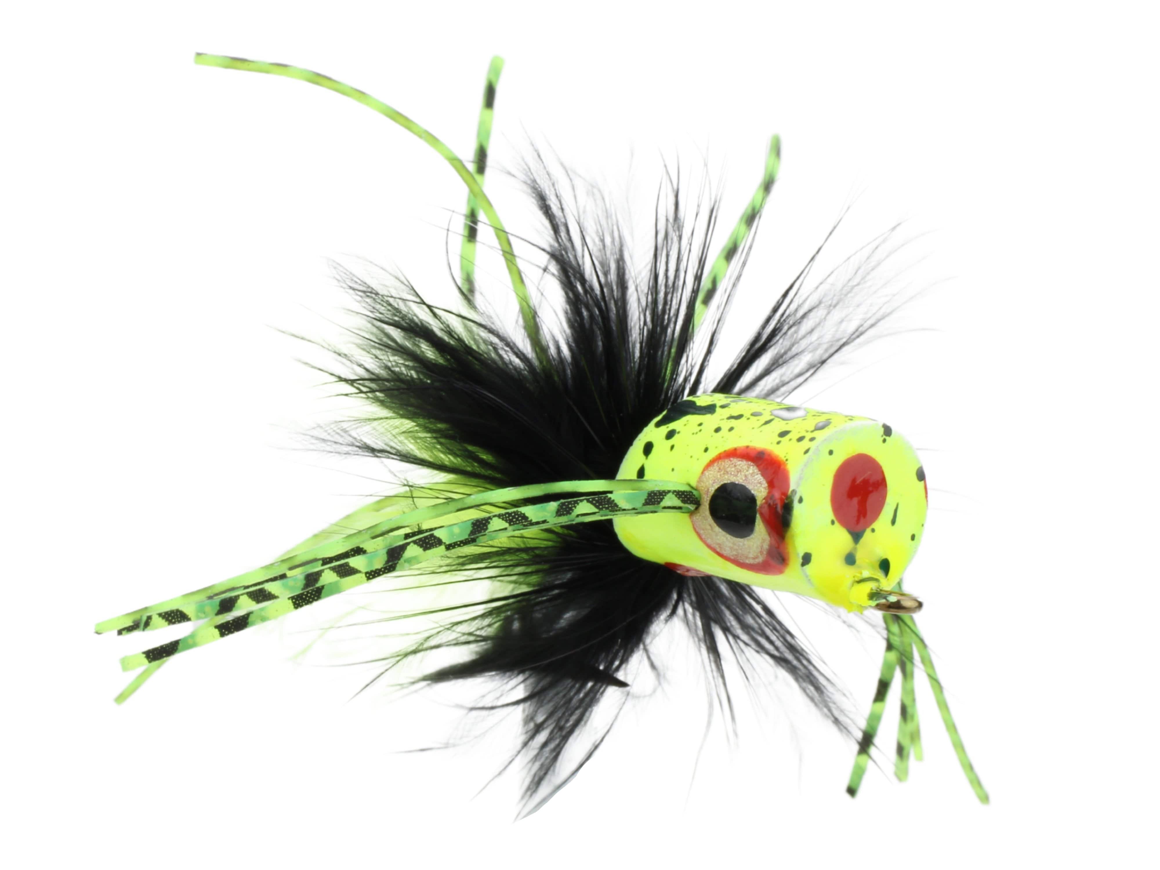 Wild Water Fly Fishing Green and Yellow Spider Legs Flat Face Mini Panfish Popper, Size 6, Qty. 4