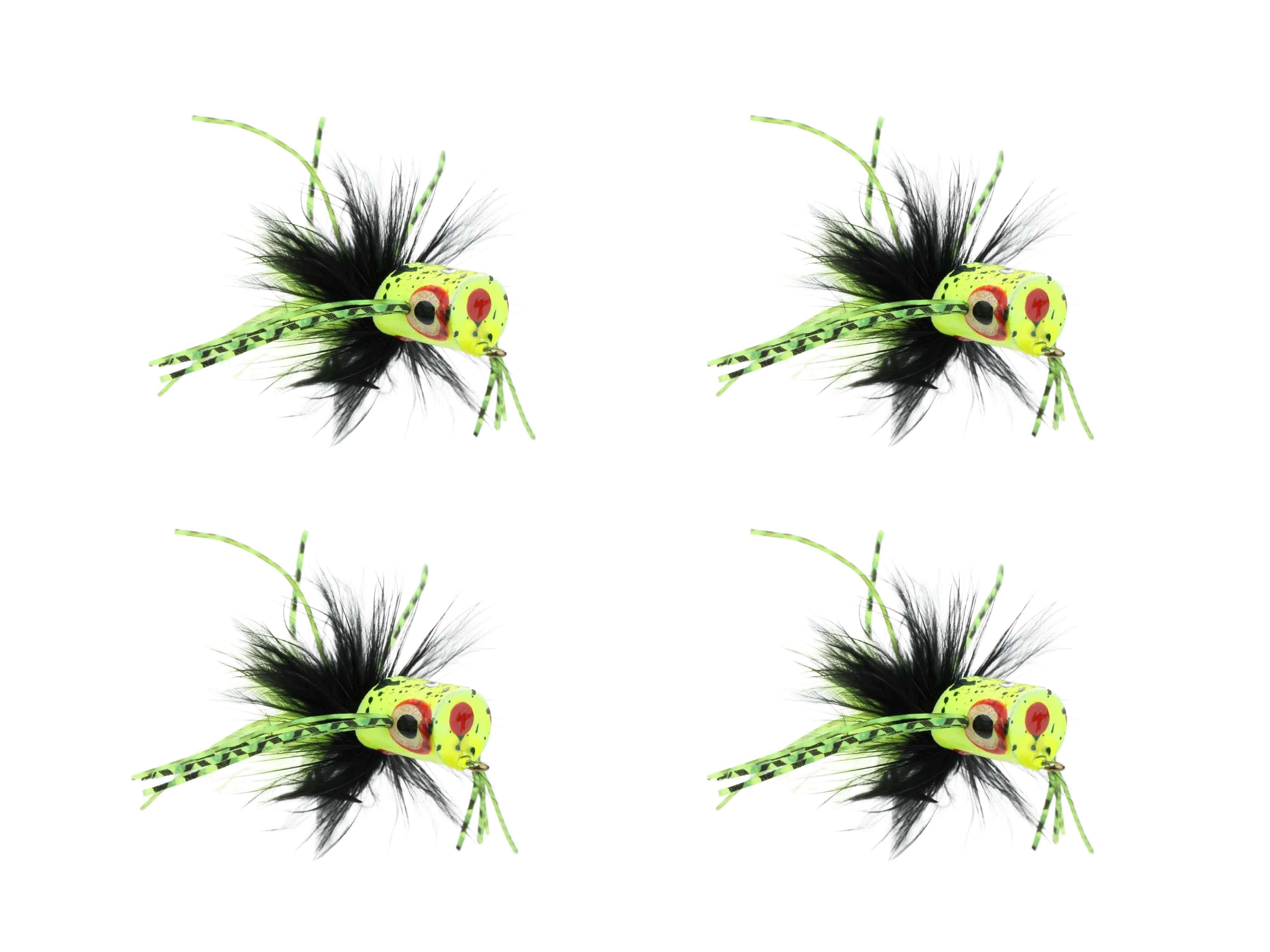 Wild Water Fly Fishing Green and Yellow Spider Legs Flat Face Mini Panfish Popper, Size 6, Qty. 4
