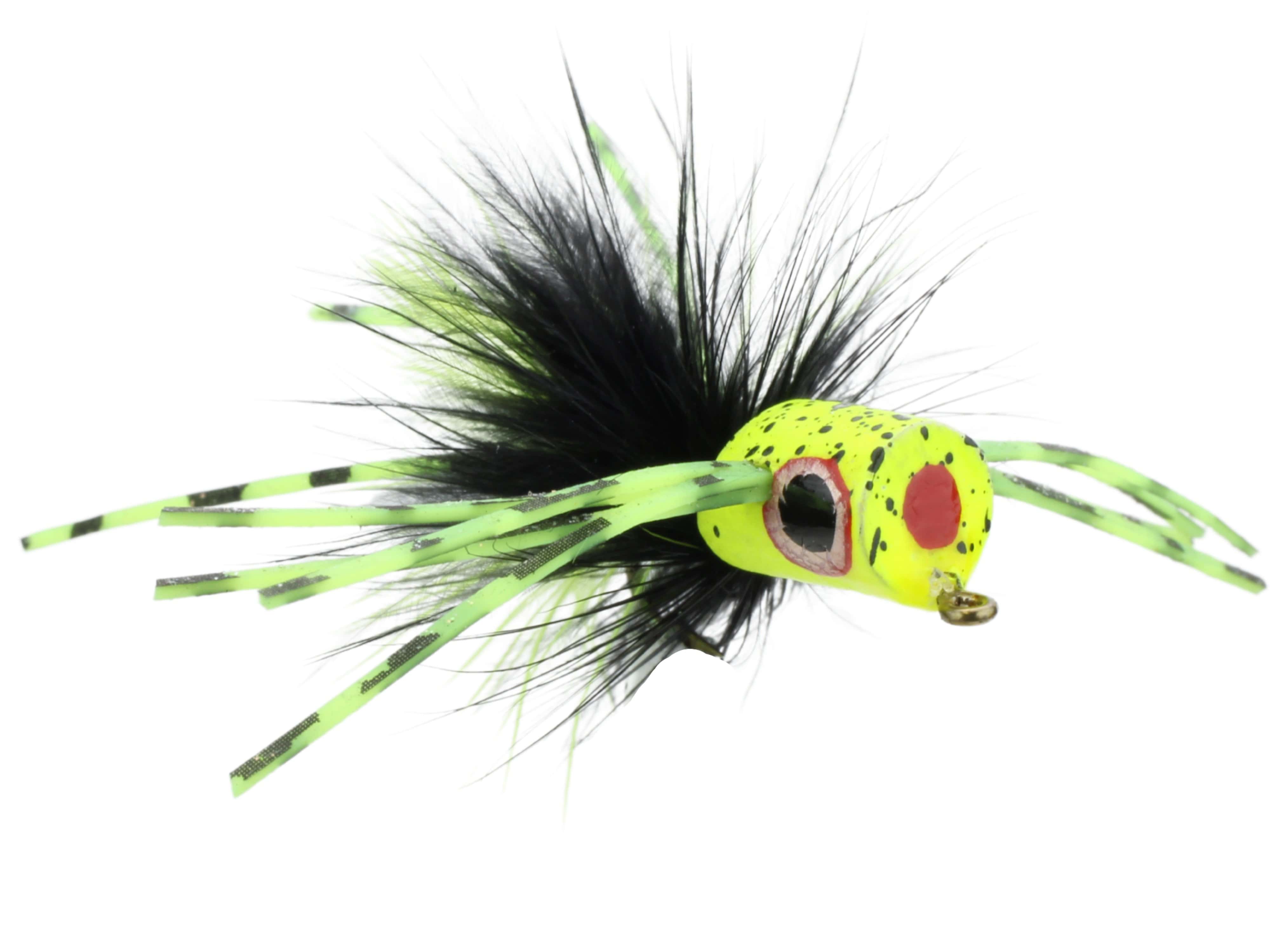 Wild Water Fly Fishing Green and Yellow Spider Legs Flat Face Mini Panfish Popper, Size 8, Qty. 4