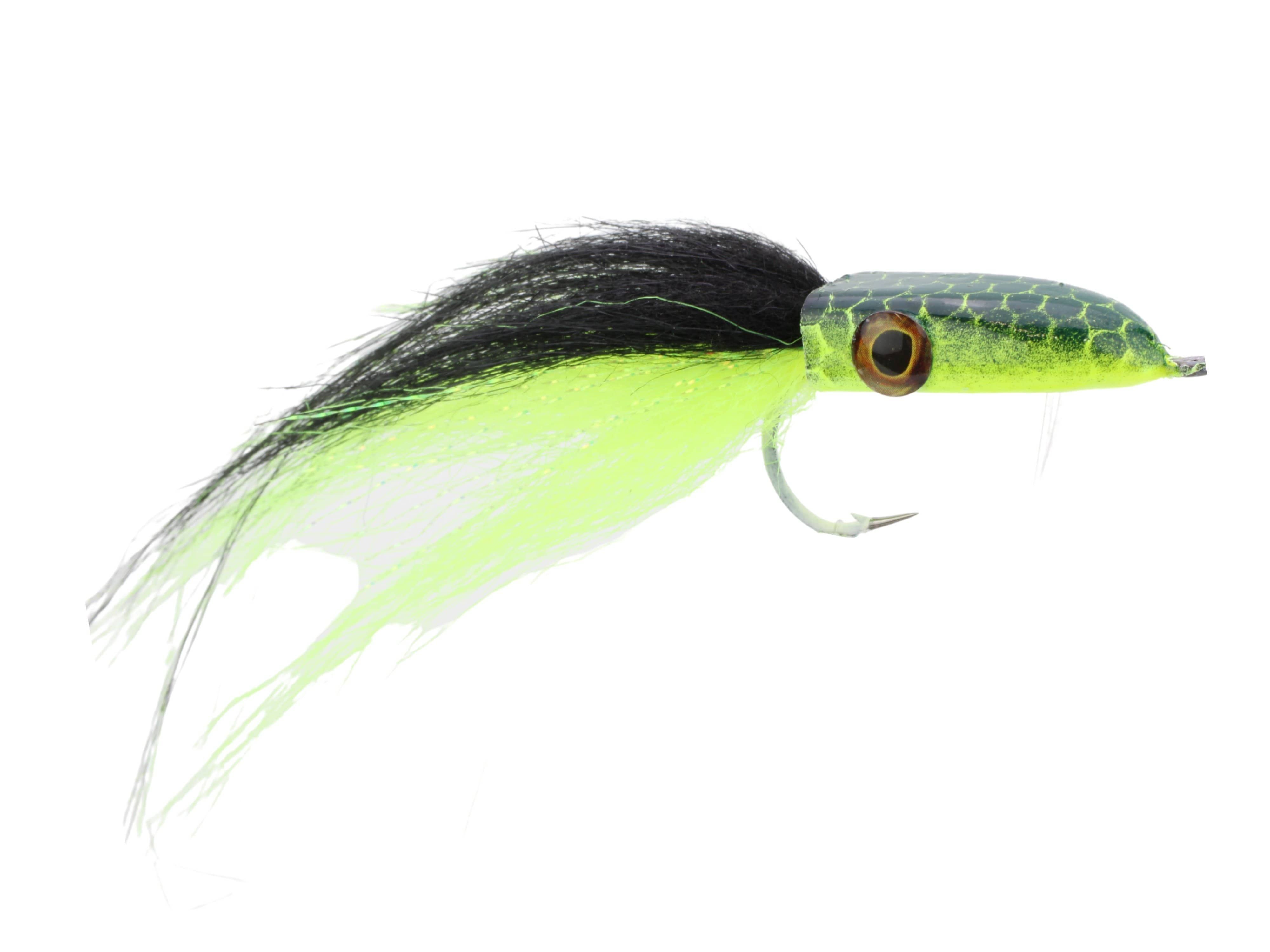 Wild Water Fly Fishing Black and Chartreuse Snake Head Popper, Size 2/0, Qty. 2