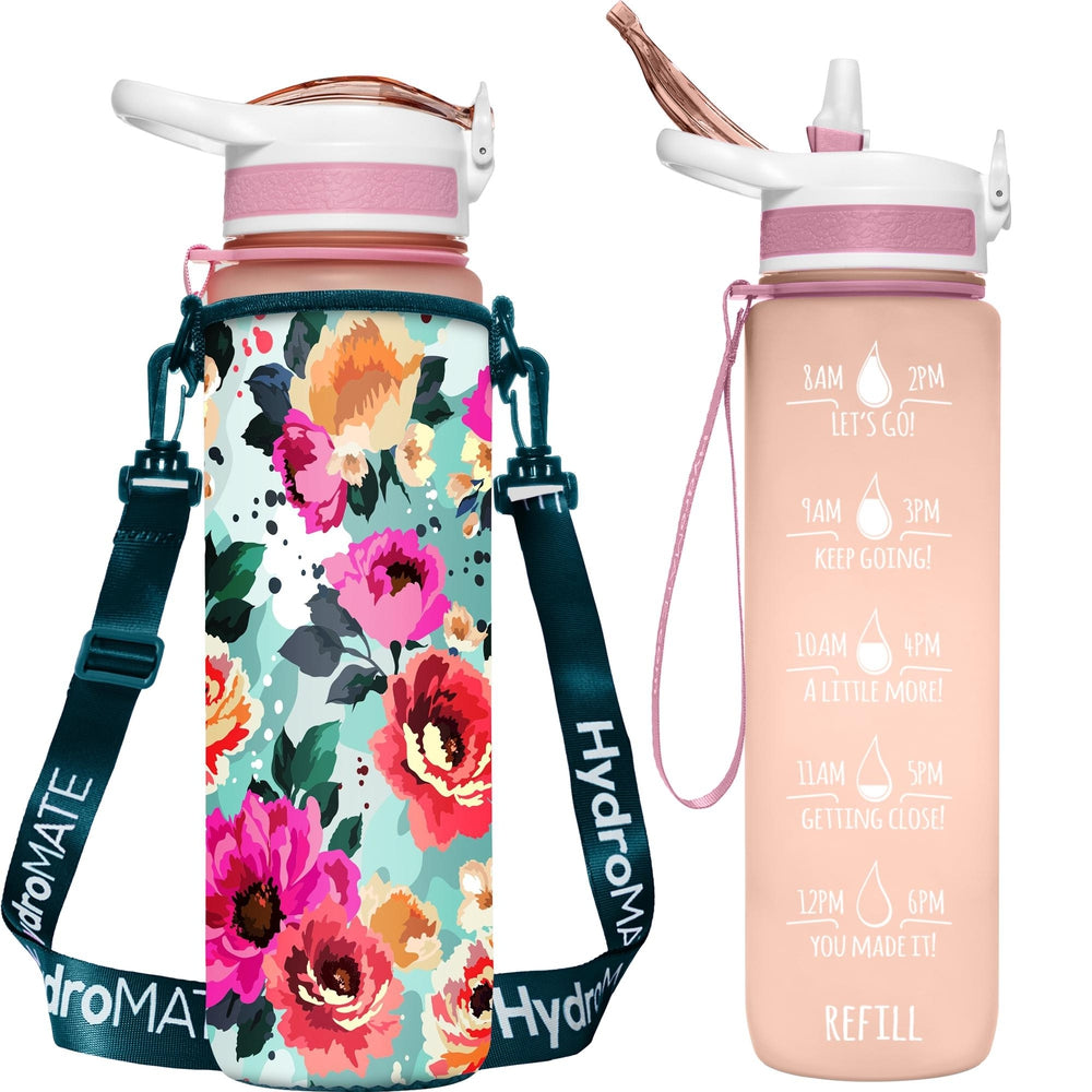 32 oz Water Bottle Bundle With Insulated Sleeve (Rose Gold Flower)