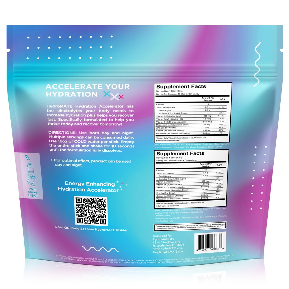 HydroMATE Cotton Candy Hydration Powder Electrolyte Drink Mix 30 Pack