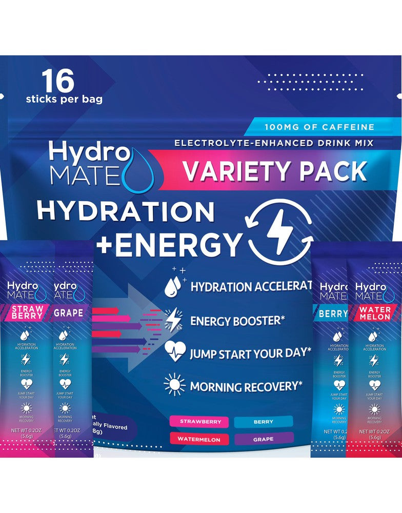 HydroMate Electrolytes Energy Powder Variety Bag 16 Sticks