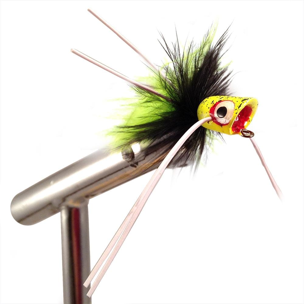 Wild Water Fly Fishing Black and Chartreuse Concave Face Mini Panfish Popper, Size 4, Qty. 4