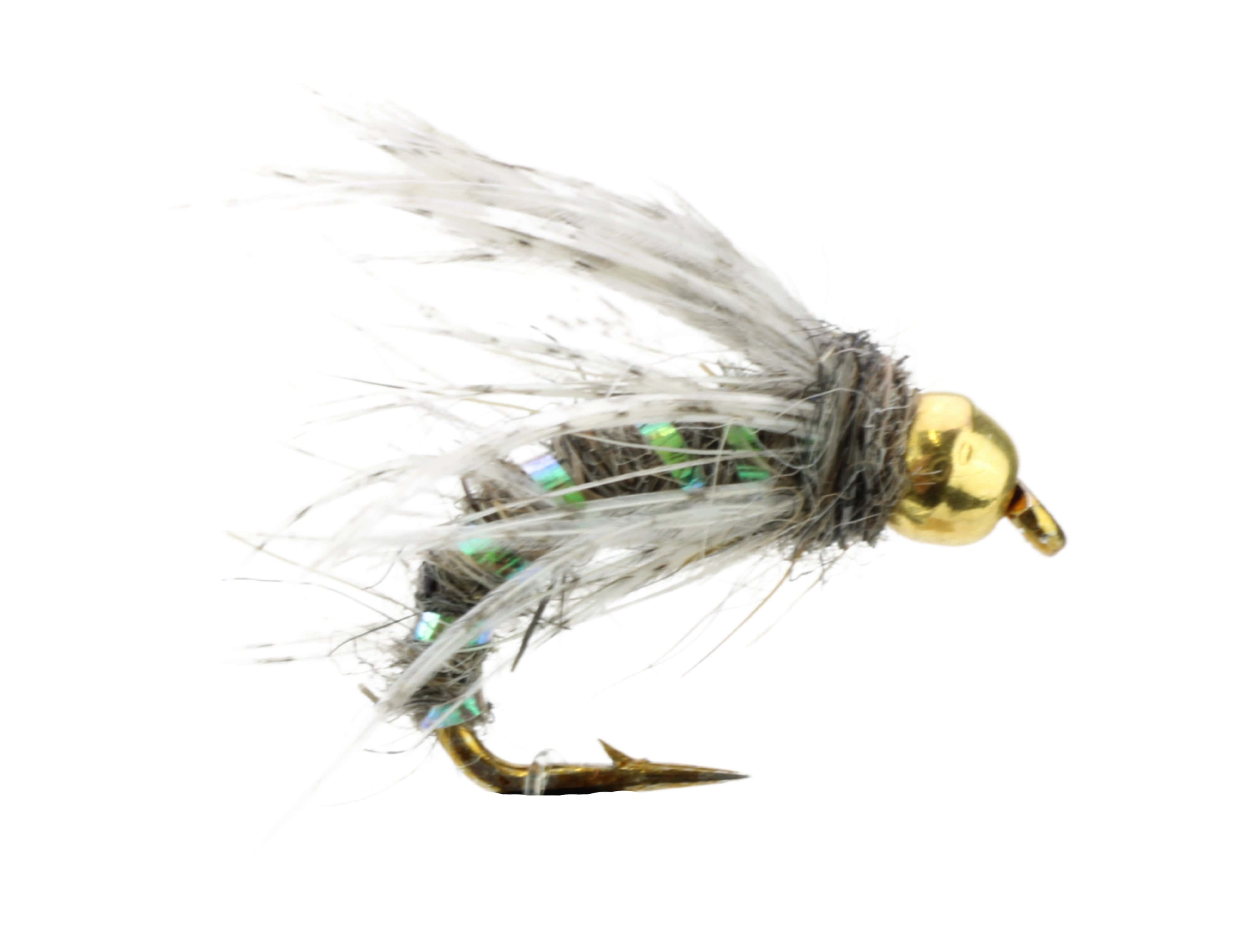 Wild Water Fly Fishing Green Tinsel Gold Ribbed Hare's Ear Nymph with Tungsten Bead Head, Size 12, Qty. 6