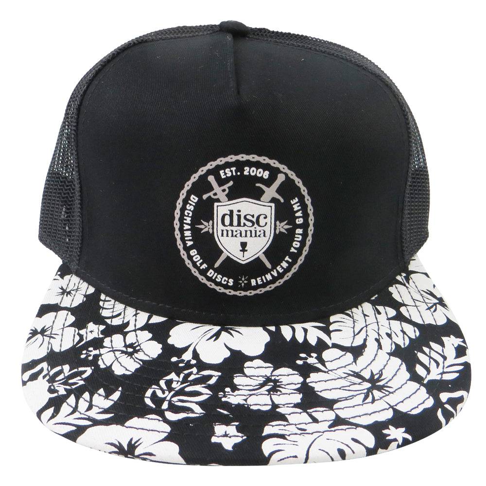 Discmania Apparel Black Discmania Shield & Swords Hawaiian Snapback Mesh Disc Golf Hat
