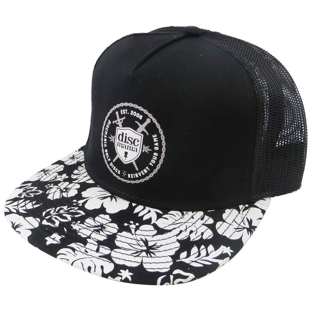 Discmania Apparel Black Discmania Shield & Swords Hawaiian Snapback Mesh Disc Golf Hat
